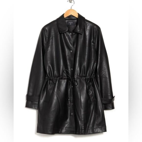 NWT Tahari Faux Leather Oversized Drawstring Trench Coat in Black M - Picture 1 of 7